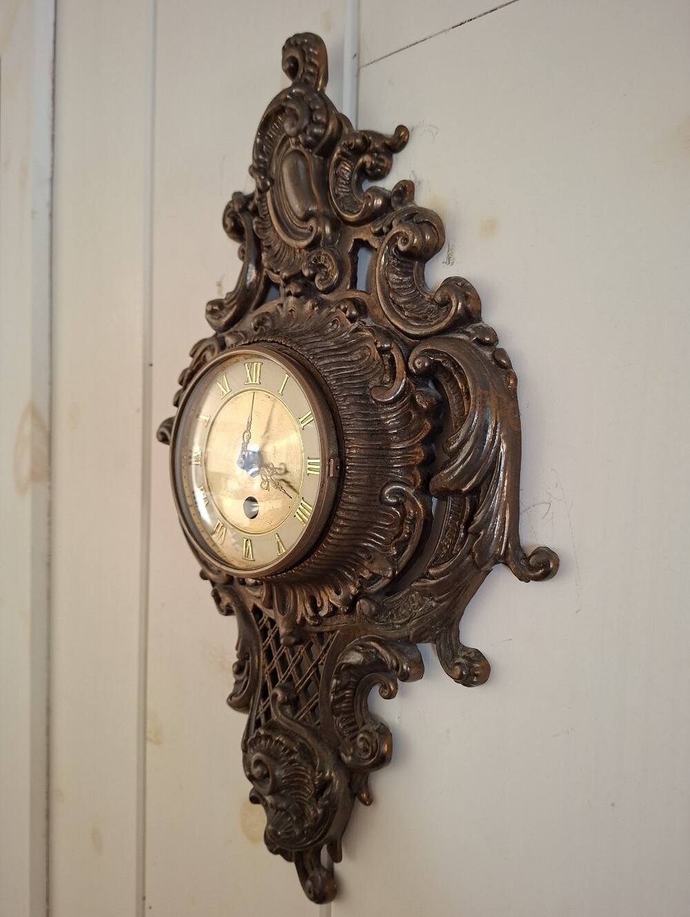 Vintage Emes Germany Mechanical Wind-up Wall Clock Ornate Bronze Metal